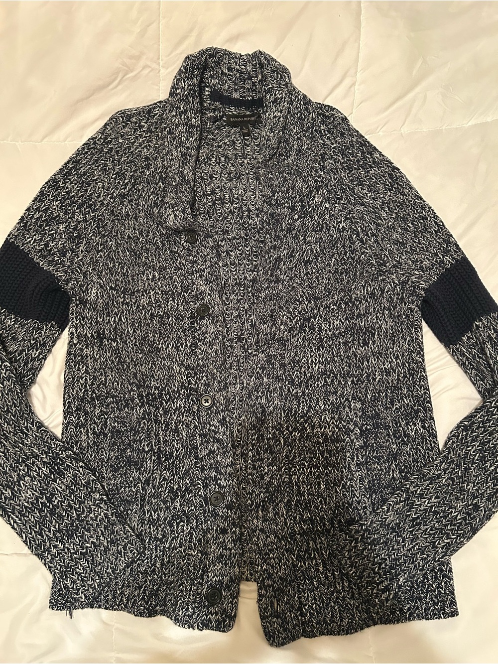 Banana Republic Marled Shawl-Collar Cardigan in Navy and white